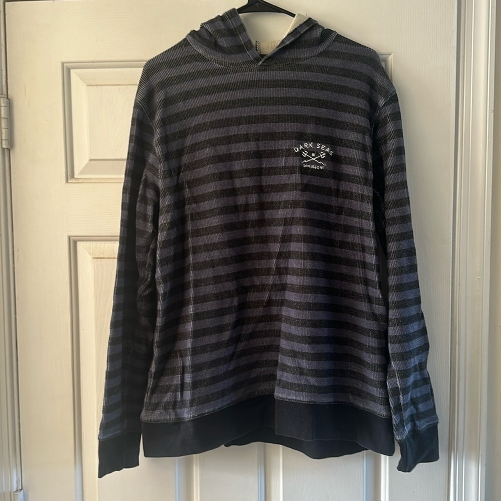 Dark seas hoodie, stripes, indigo and black.